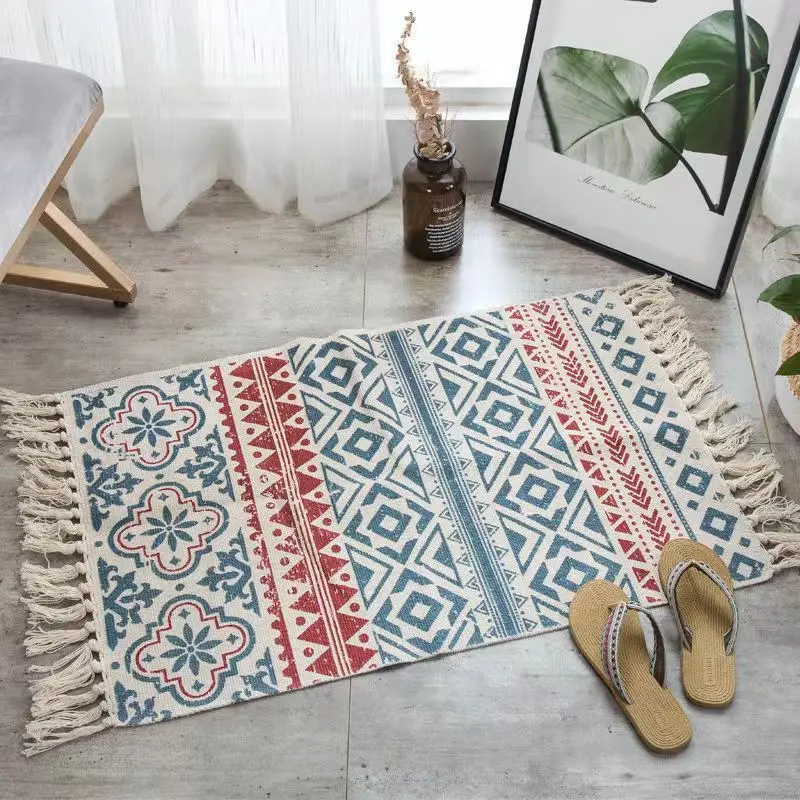 

Vintage Boho Style Handmade Cotton Rug Fringed Geometric Living Room Rug Room Decor Bedroom Rug Bohemian Decoration