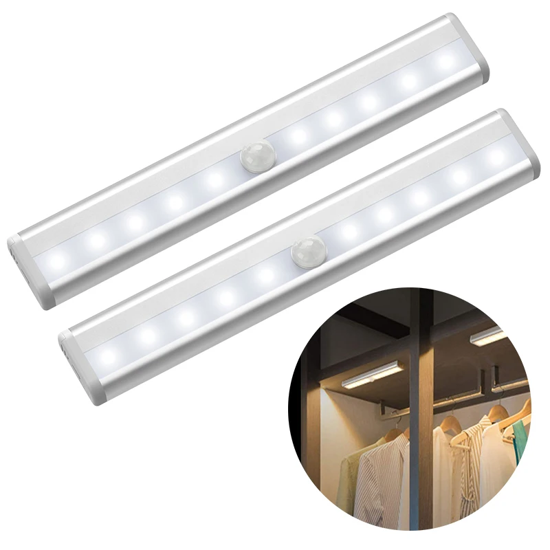 

6/10 LEDs PIR Motion Sensor Light Cupboard Wardrobe Bed Lamp Under Cabinet Night For Closet Stairs Kitchen