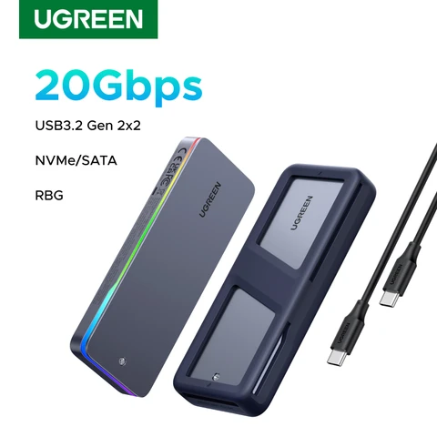 UGREEN 20 Гбит/с M.2 SSD Корпус NVMe SATA SSD Адаптер корпуса USB 3.2 Gen2 Внешний корпус поддерживает эффект освещения RGB
