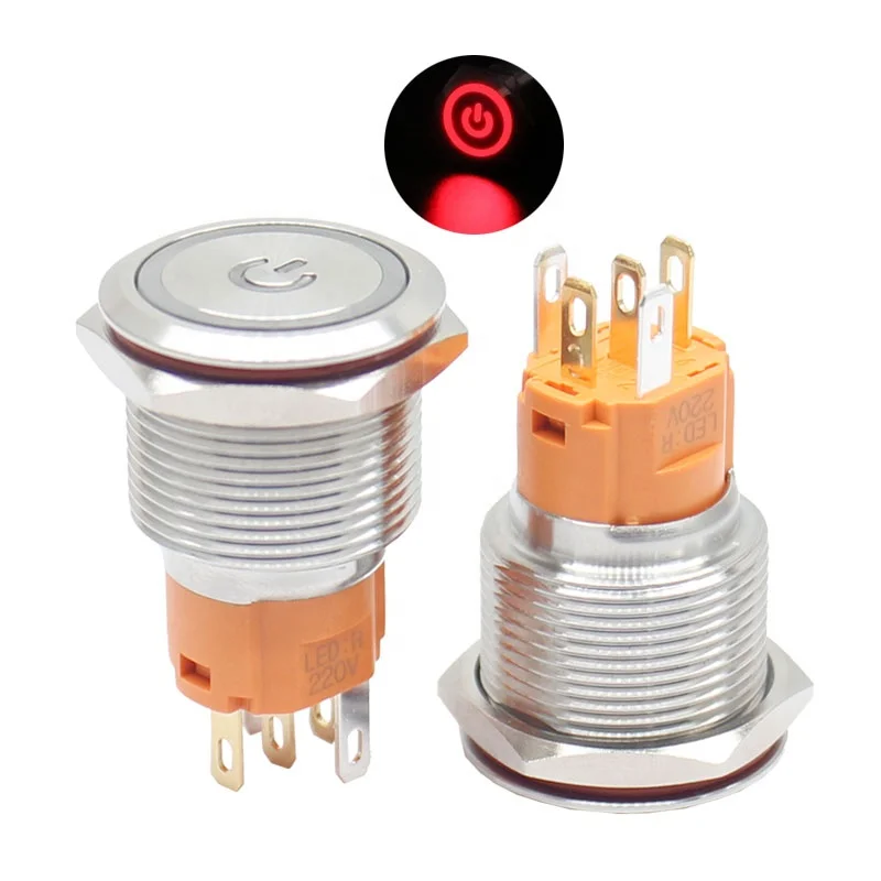 

19mm metal push button switch ring lamp power symbol Waterproof LED light self-lock self-reset button 5v 12v 220v red