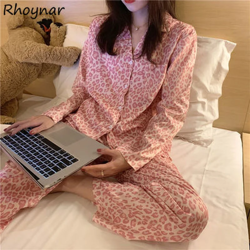 

Pajama Sets Women Lace Sweet Loose Cozy Home Korean Style V-neck Leopard Plus Size Spring Two-piece Long Sleeve Breathable Ins