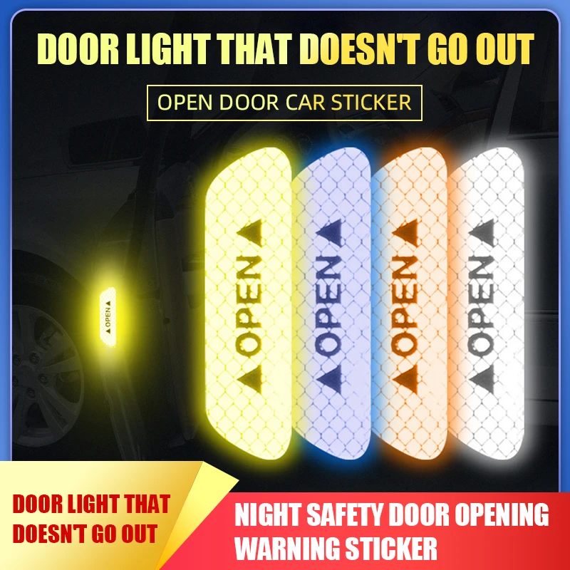 

4Pcs/set Car Door Stickers Universal Safety Warning Mark OPEN High Reflective Tape Auto Exterior Motorcycle Bike Helmet Sticker