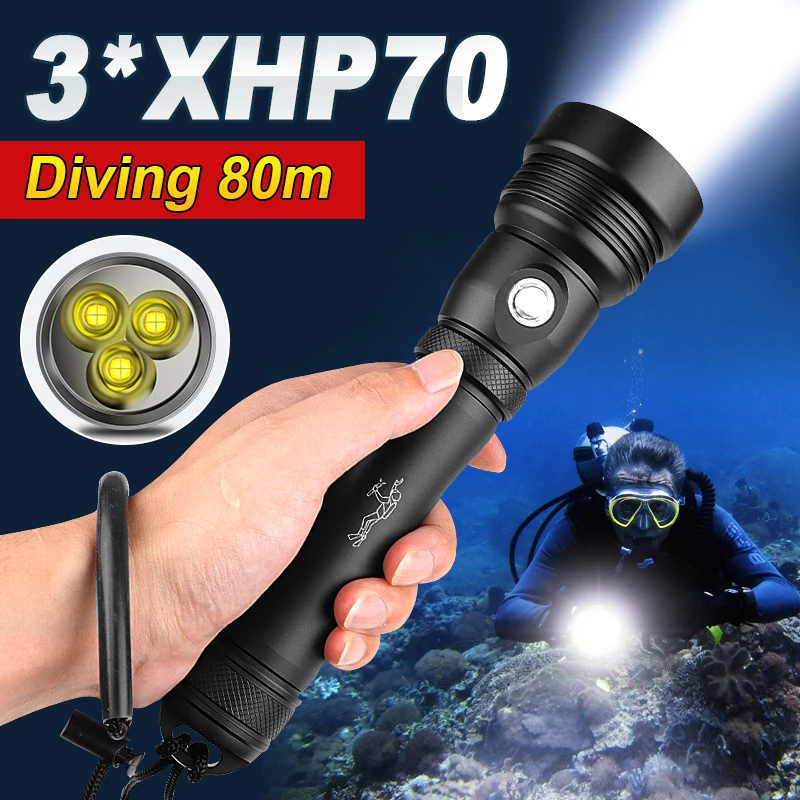 

XHP160 Светодиодный фонарь для дайвинга IPX8 Самый высокий водонепроницаемый рейтинг Фонарик Мощные фонари от 18650 Аккумулятор для кемпинга Под ...
