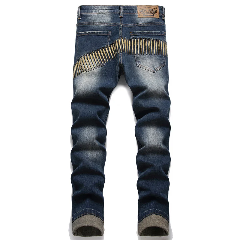 Men's Trendy Straight Leg Stacked Jeans Punk Vintage Biker Zipper Pocket Motorcycle Pants Fashion Patchwork Male Denim Trousers