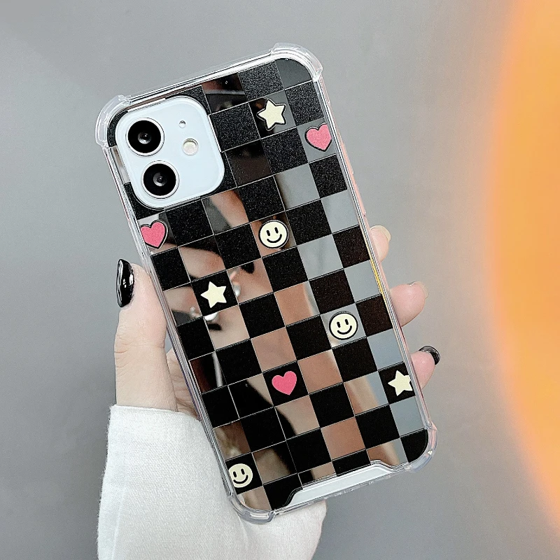

Cute Smiley Checkerboard Makeup Mirror Clear Phone Case For iPhone 13 11 12 Pro X XR XSMax MINI 7 8Plus Shockproof Cartoon Cover