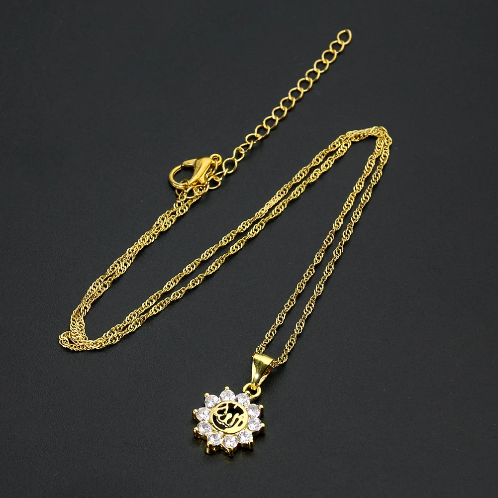 Gold Allah Necklace Zircon Islam Mohammedanism Pendnat Arabic Single Figure Amulet Sun Flower Woman Birthday Party Jewelry Gift | Украшения