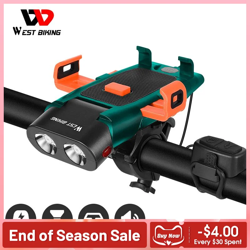 

WEST BIKING Bicycle Headlight 5 in 1 Phone Holder Horn Light USB Rechargeable MTB Road Bike Front Flashlight Cycling Accessories