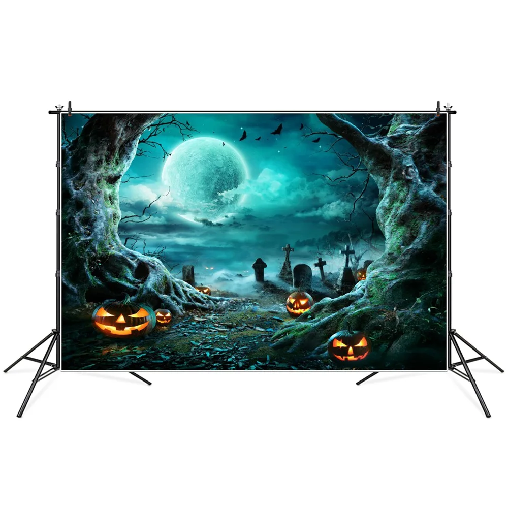 

Moon Night Cemetery Tree Pumpkin Lantern Halloween Photography Backgrounds Custom Baby Party Decoration Photo Studio Backdrops