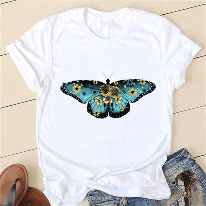 

Женское платье в стиле 90-х с принтом бабочки, футболка с коротким рукавом и графическим принтом, летняя женская модная простая футболка с принтом, белые футболки