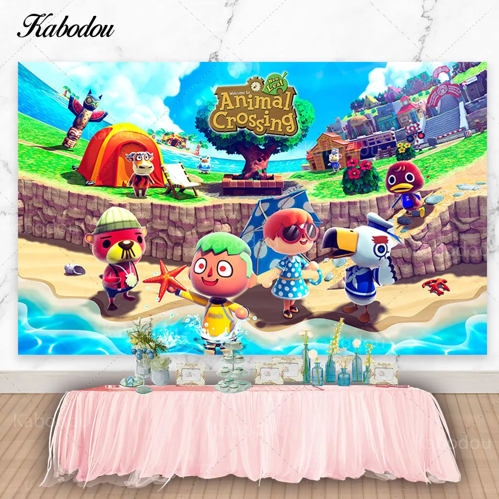 

Kabodou Animal Crossing Photo Backdrops Child Happy Birthday Photography Backgrounds Forest Beach Decoration Poster Banners