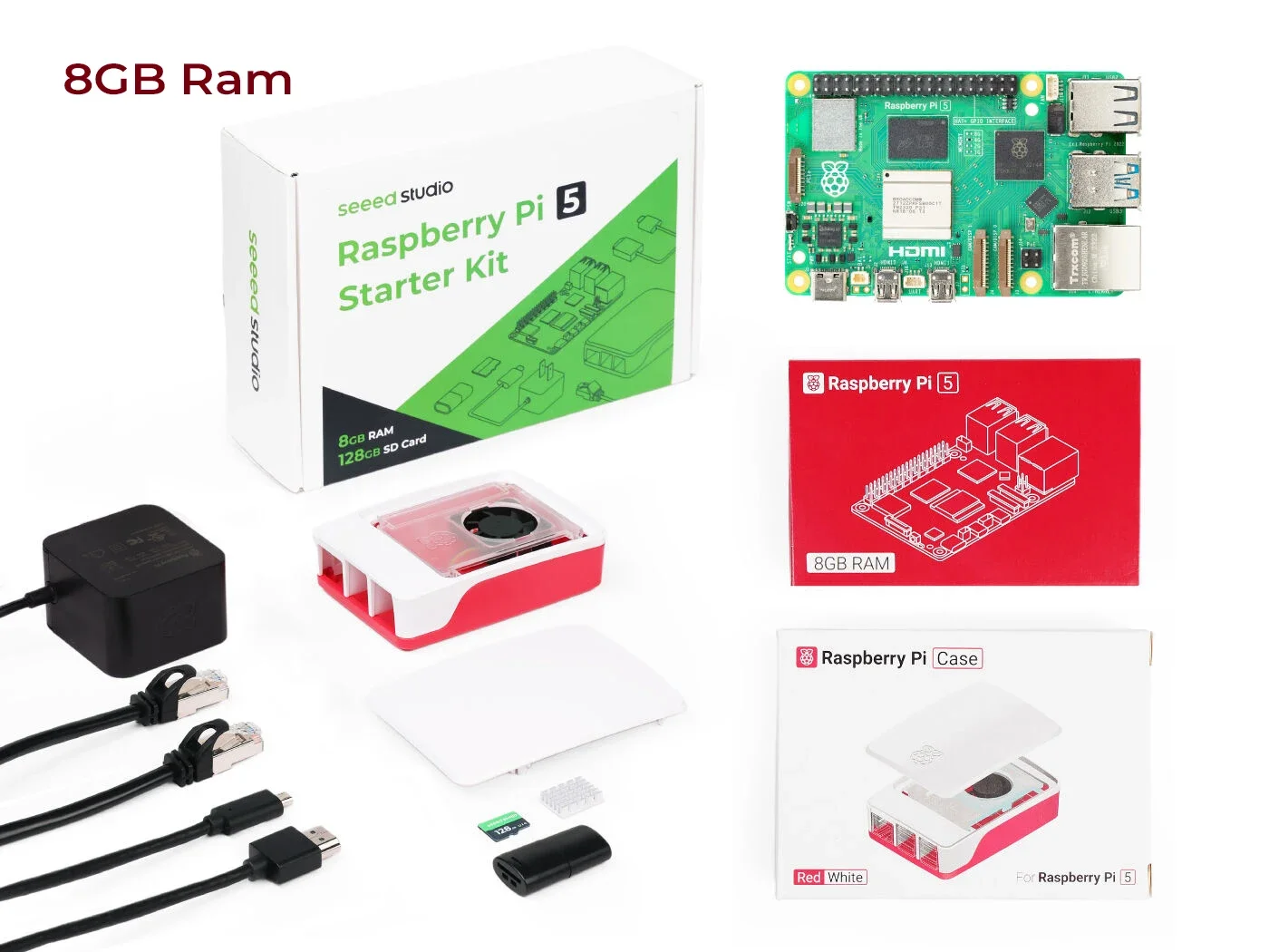 Стартовый комплект SmCpRaspberry Pi 5 4GB 8GB 16GB с корпусом, вентилятором, SD-картой 128 ГБ, блоком питания, Micro HDMI и LAN-кабелем (art.: 3920dbd2e16b7) - 3920dbd2e16b7