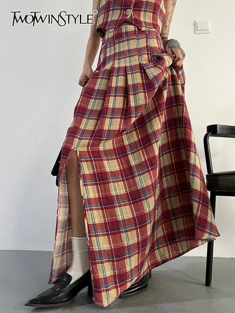 

TWOTWINSTYLE Hit Color Plaid Skirts For Women High Waist Patchwork Folds Side Split Floor Length Skirt Female Fashion Clothing