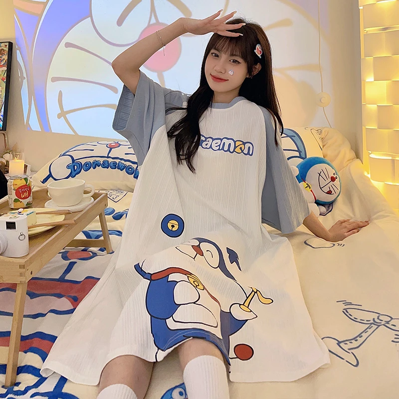 

Summer Women Nightgown Pajamas Cartoon Anime Doraemon Nightdress Cute Sleepwear Girl Pijamas Mujer Women Leisure Homewear