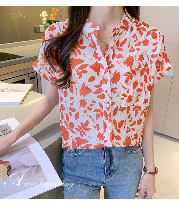 Женская шифоновая рубашка с коротким рукавом летучая мышь и круглым вырезом