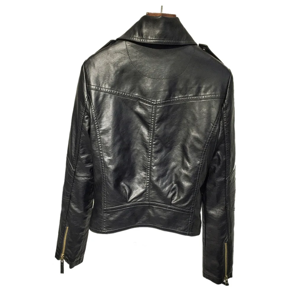 2023 Spring and Autumn ladies washed lapel motorcycle leather coat short coat