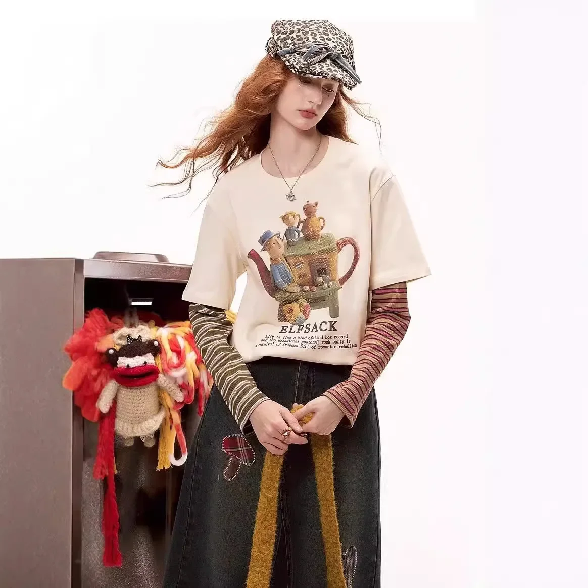 Женская футболка Fairy's Color Blocking в полоску из двух частей с иллюзией новинка 2024