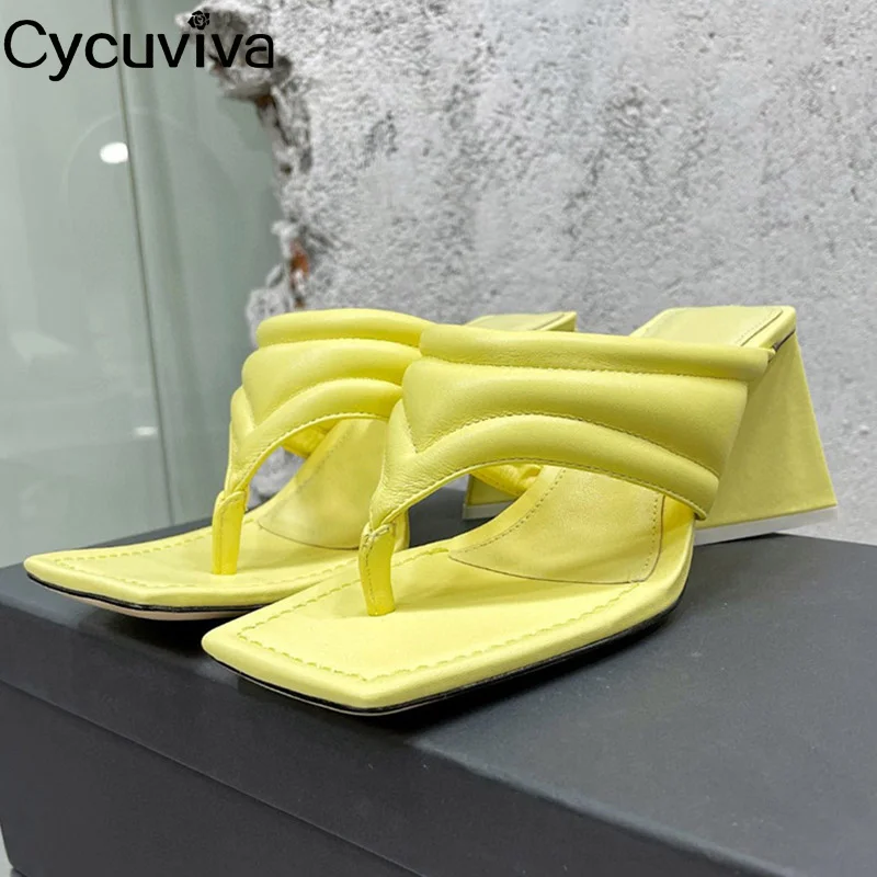 

Square Toe Flip Flops Block Heels Women Slippers Real Leather Slides Summer High Heel Brand Party Shoes Woman 2022 New Sandals