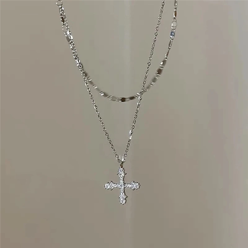 

Kpop Vintage Double Layer Exquisite Shiny Cross Pendant Clavicle Chain Necklace For Women Female Aesthetic Jewelry Accessories