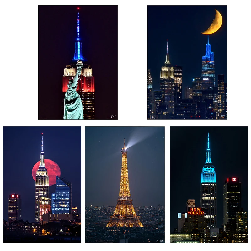 Постер на холсте Эйфелева башня ночью Нью-Йорк Луна настенное искусство здание