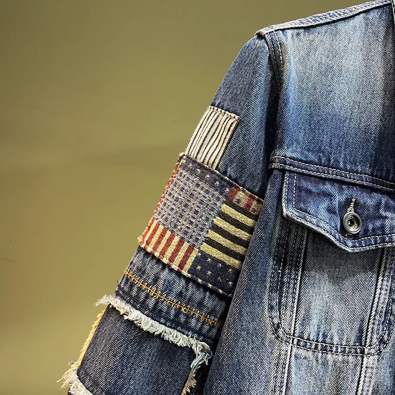 Модная мужская джинсовая куртка 2024 весна-осень американский стиль винтажная