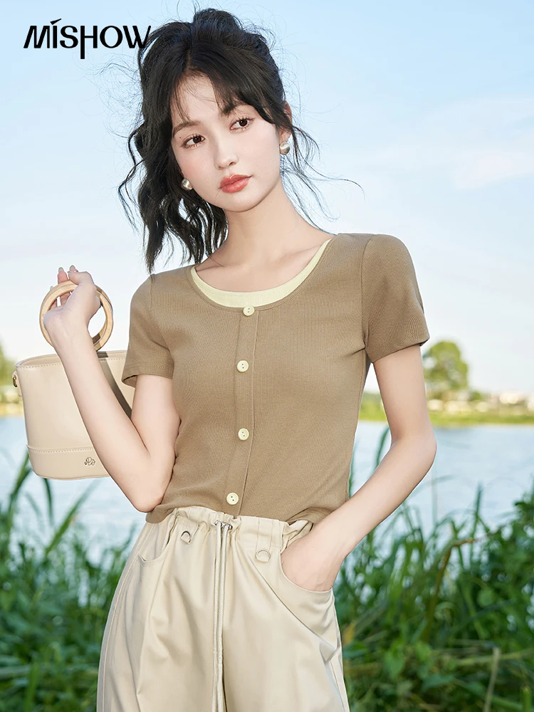 

MISHOW Fake Two-piece Short Sleeve T-shirt 2023 Summer O-Neck Patchwork Comfortable Soft Single Breasted Fashion Tees MXC33Z0015