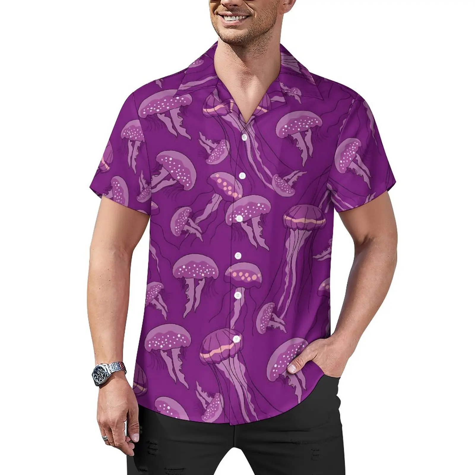 

Purple Jellies Casual Shirt Glowing Jelly Fish Beach Loose Shirt Hawaiian Streetwear Blouses Short Sleeve Graphic Oversized Tops