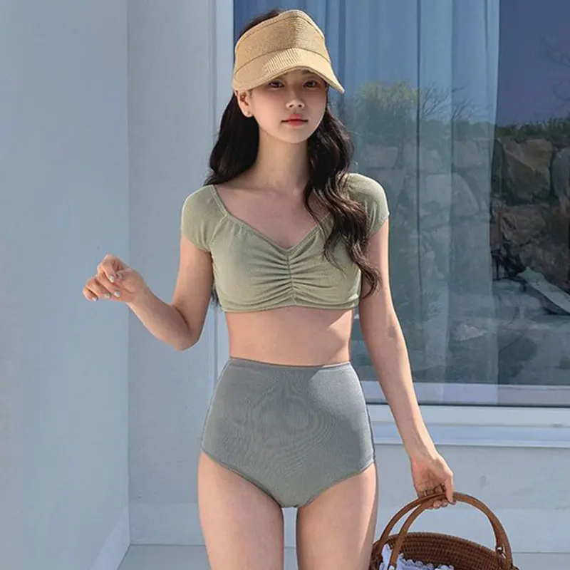 

High Waist Bikini Set Swimsuit Women Fresh Solid V-neck Split Swimwear Korea INS Style Hot Spring Push Up Swimsuit Bathing Suit