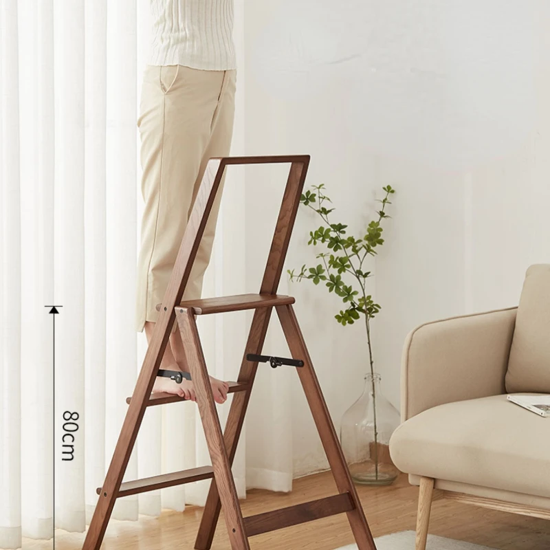 Solid Wood Folding Ladder with Handrail Home Safety Climbing Ladder Multi-functional Three-step Ladder Climbing Ladder Stool images - 6