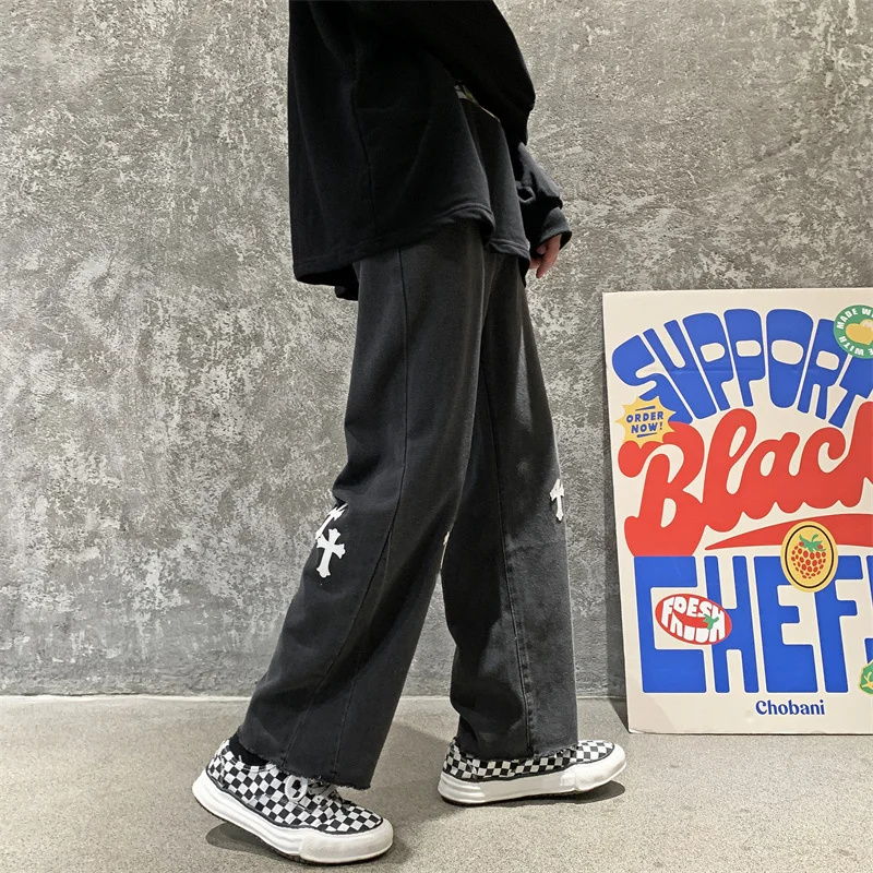 Hip-hop Men's Y2K Black Jeans Wide Baggy Printed Denim Pants For Women Straight Trousers Teachwear Streetwear