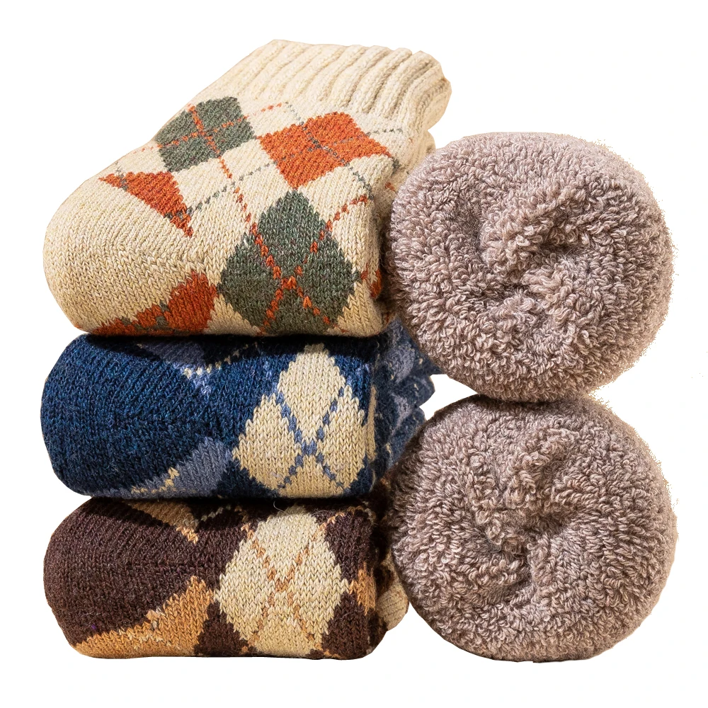 Super Thick Winter Women Wool Socks Middle Tube Diamond Plaid Fashion Retro Warm Terry Boot Crew Socks 5 Pairs