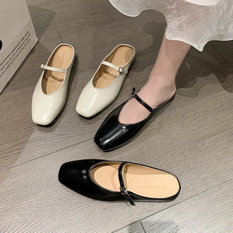 Flat Shoes Female Low Womens Slippers Outdoor Pantofle Square Toe Slides 2023 Cover Mary Janes PU Rome Rubber Hoof Heels Scandal