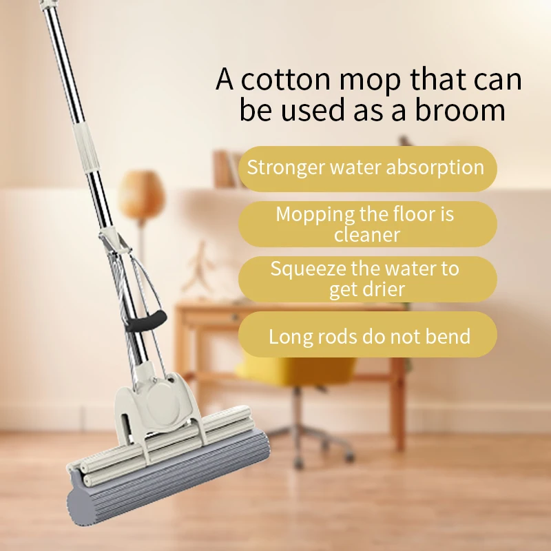 

Multifunctional Rubber Cotton Mop Stainless SteelRoller Squeeze Water Free Hand Wash Sponge Mop Household Cleaning Tools