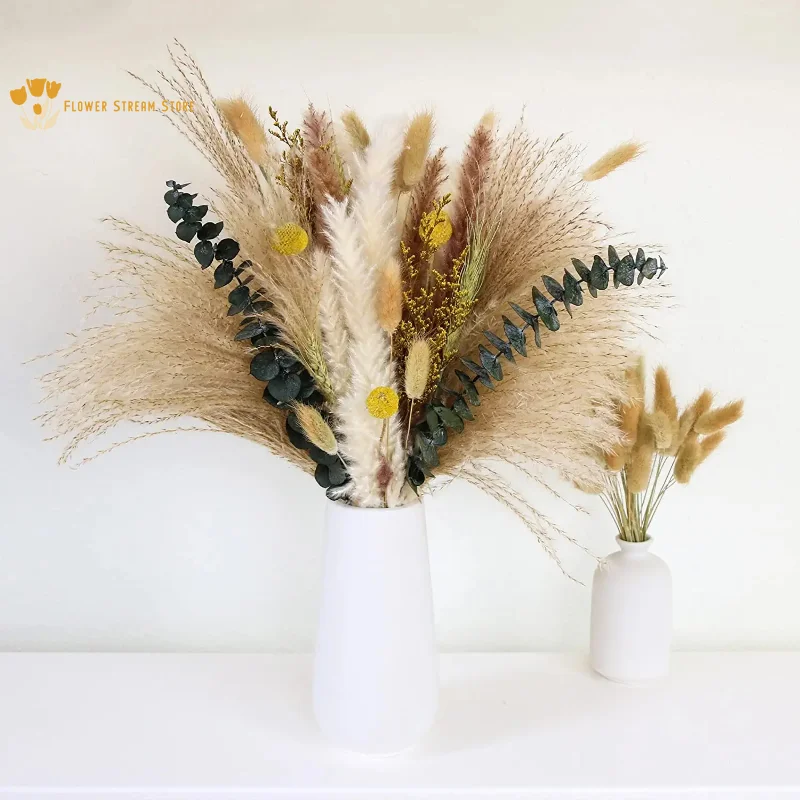 

80Pcs Fluffy Pampas Grass Bouquets Dried Flower Boho Home Decor Natural Reed Eucalyptus Bunny Tail Wheat Wedding Decoration