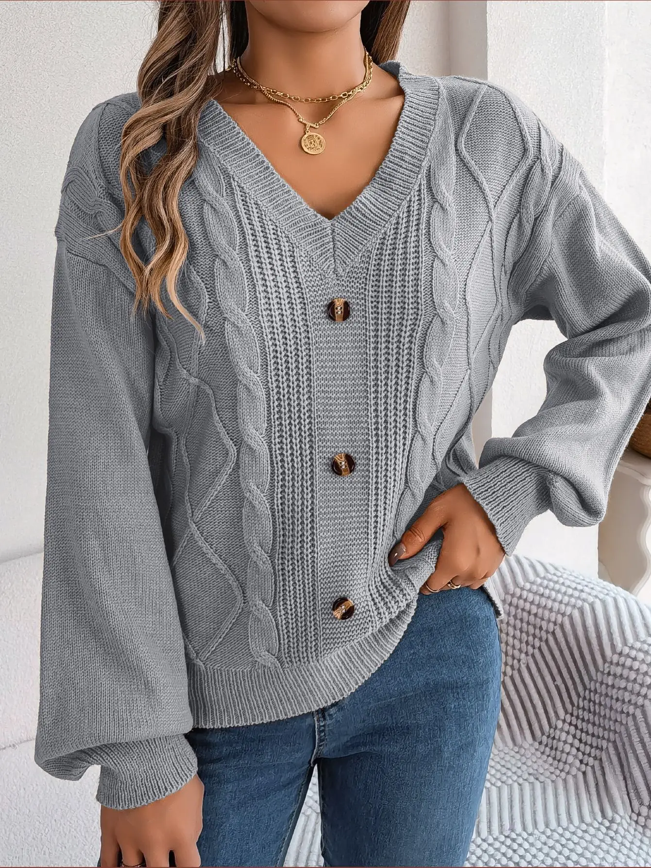 

Autumn and Winter Sweater for Female Fashion New Solid Color V-neck Button Twist Knit Lantern Sleeve Casual Pullover Blouse