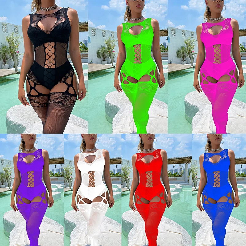 

Sexy women Bodystockings Lingerie Translucent Fishing Net Tights Mesh One-piece Suit Sleeveless Hollow out Sexy lingerie