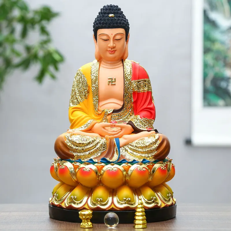 

Resin Coloured Clothes of Sakyamuni Buddha Pharmacist Buddha Household Sanbao Buddha Weighing 5 Kg Buddha Statue