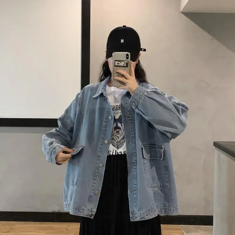 

Women Vintage Denim Jacket Korean Style Solid Casual Light Blue Jackets Spring Autumn Loose Jeans Coats Female 2021 HOWDFEO