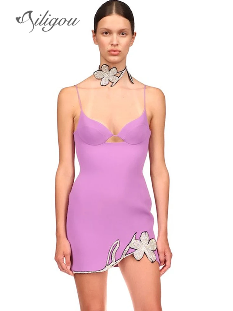 

Женское облегающее мини-платье Ailigou, фиолетовое облегающее платье на тонких бретелях, с аппликацией и V-образным вырезом, модель 2022 года