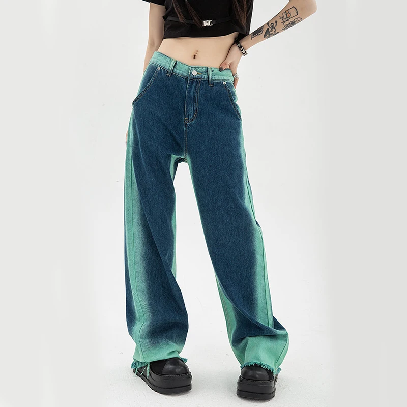 

Gidyq Streetwear High Waist Jeans Women Fashion Contrast Color Loose Wide Leg Pants Female All Match Tassel Denim Trousers