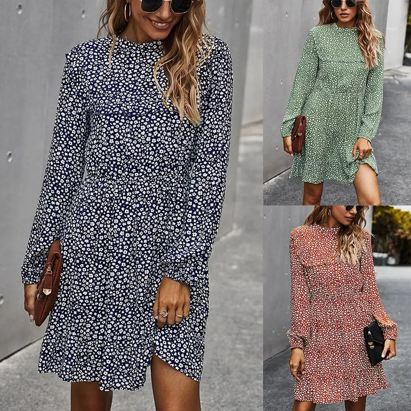 

ASDS-Elegant Frill Trim Floral Print Mini Autumn Women Stand Collar Long Sleeve A-Line Office Retro Dress