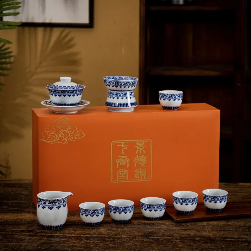 Цзиндэчжэнь Qitang синий и белый фарфор Po-фаз цветы керамический чайный сервиз