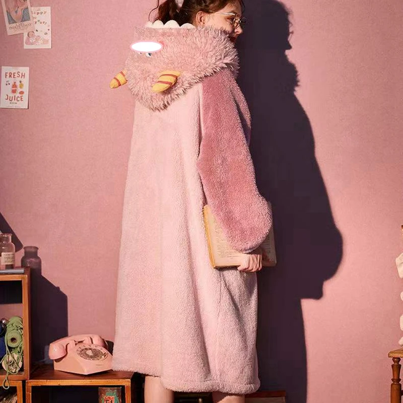 Winter Warm Flannel Women Pyjamas Coral Fleece Long Sleeve Cartoon Cosplay Sleepwear Bath Robe Pajamas and Pants Set Sleep Wear