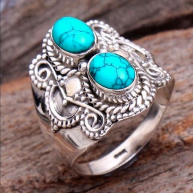

Fashionable and creative set with two green retro pine stone silver rings size 6-10