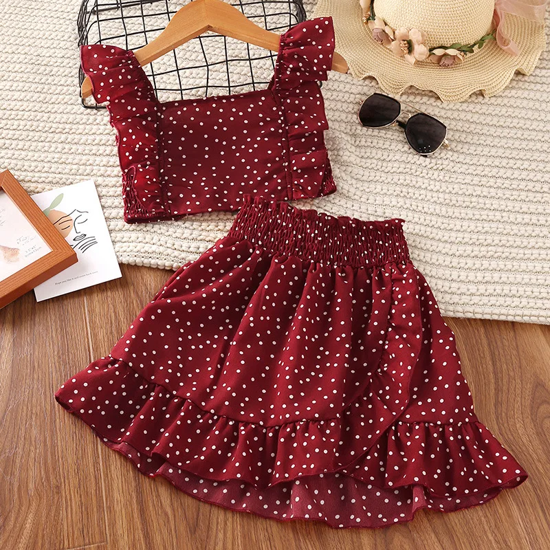 

Girls Clothing Set 2022 New Summer Fashion Polka Dot Flying Sleeves Square Collar Short Top Skirt Two-piece Clothing Wholesale