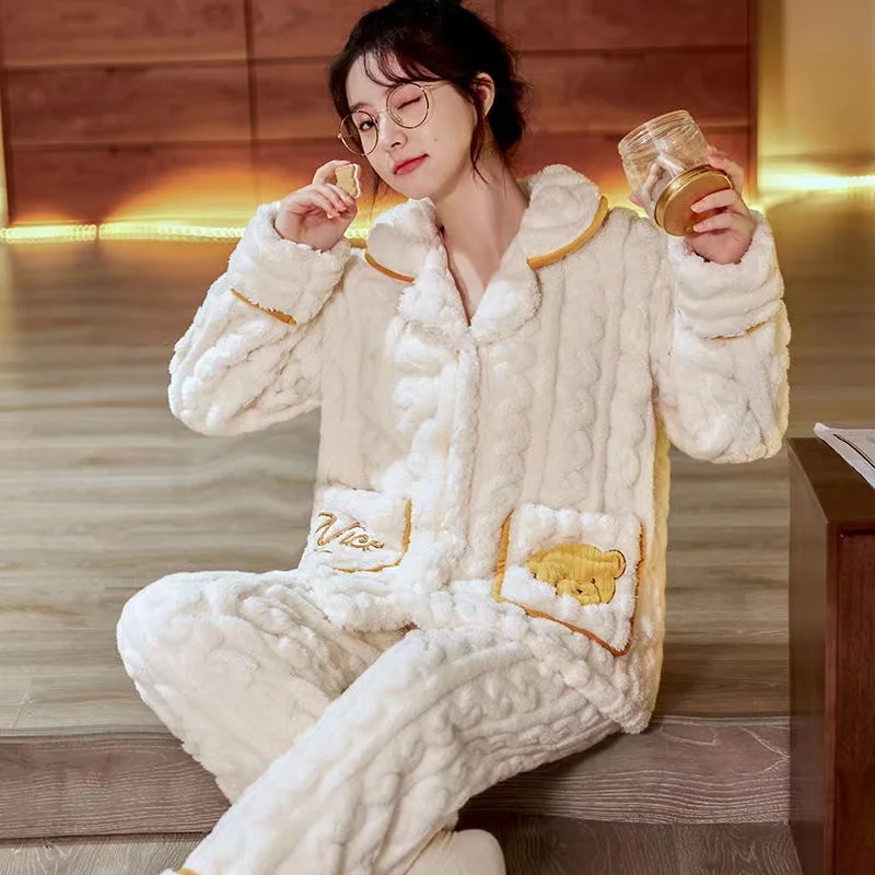 

Зимние пижамные комплекты для женщин из двух предметов, милые утепленные пижамы с длинным рукавом, домашняя одежда, женская одежда