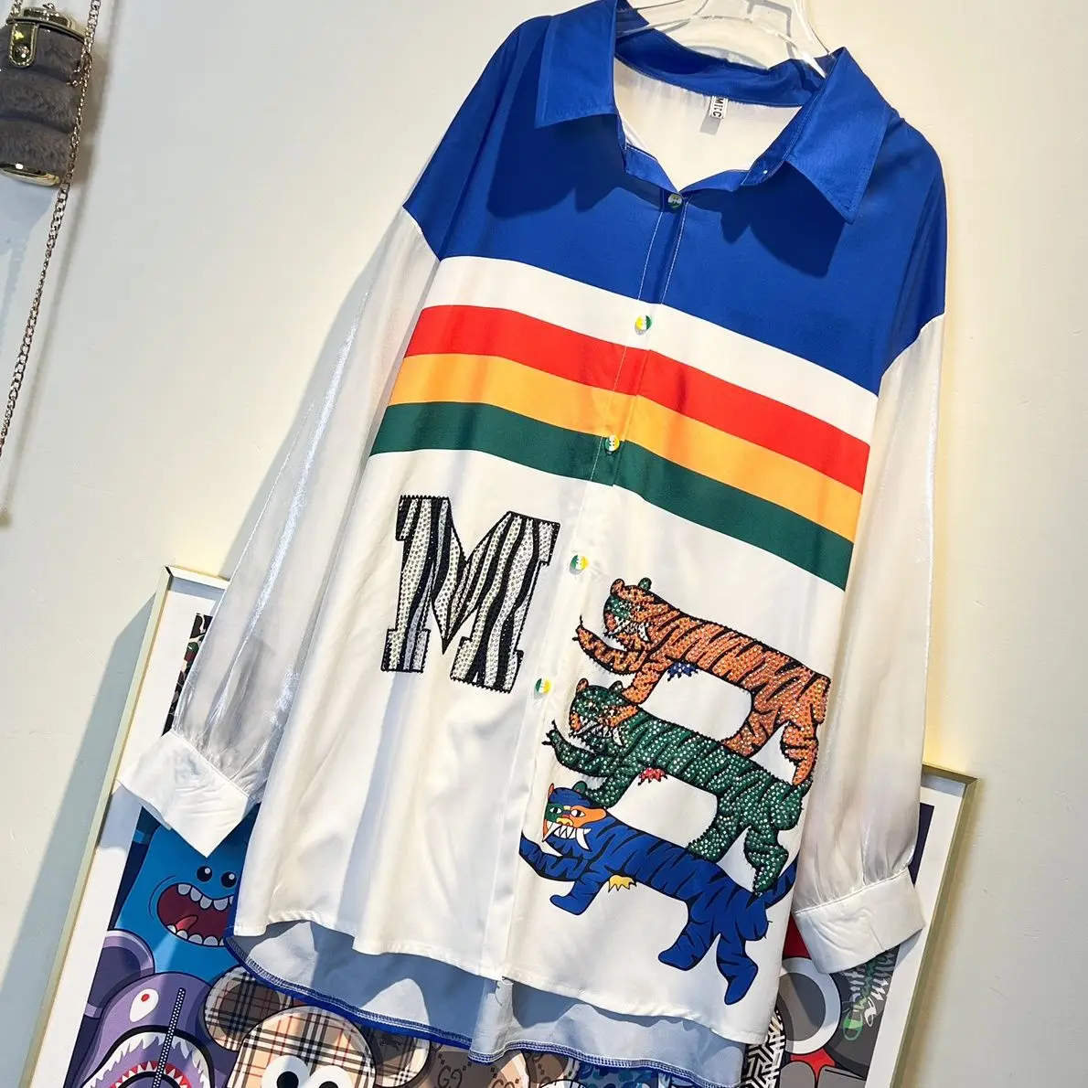 

Trendy Summer Women Sun Cardigan Coat Mid-long Loose Long-sleeved Chiffon Blouse Hot Drilling Cartoon Printed Top Street Shirts