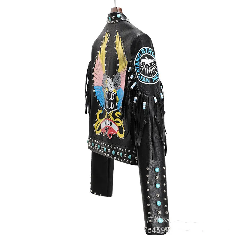 Модная Женская Черная байкерская кожаная куртка с принтом в стиле панк готика
