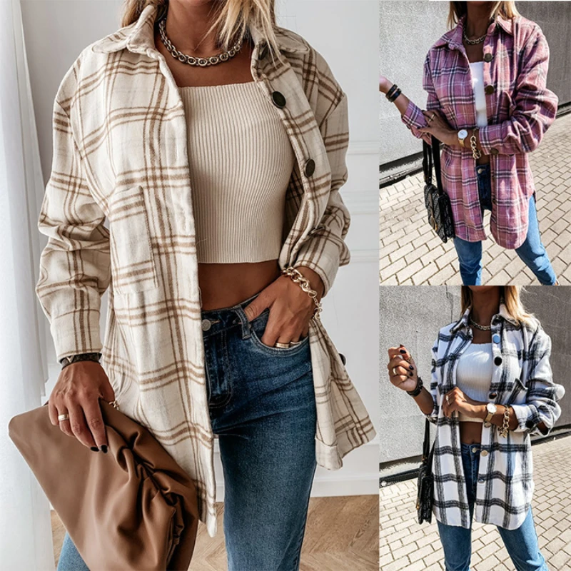 

Women's European and American Autumn and Winter Fashion Temperament Long-sleeved Shirt Plaid Single-breasted Shirt Coat