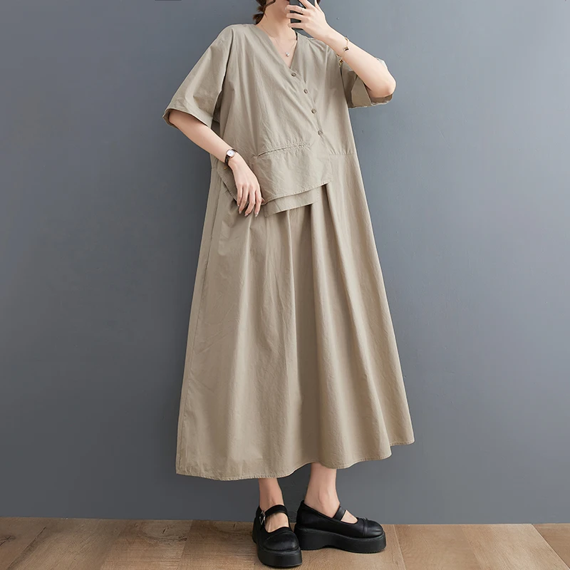 

SuperAen женское платье 2023 летнее корейское Новое свободное простроченное повседневное простое асимметричное платье-рубашка с короткими рука...