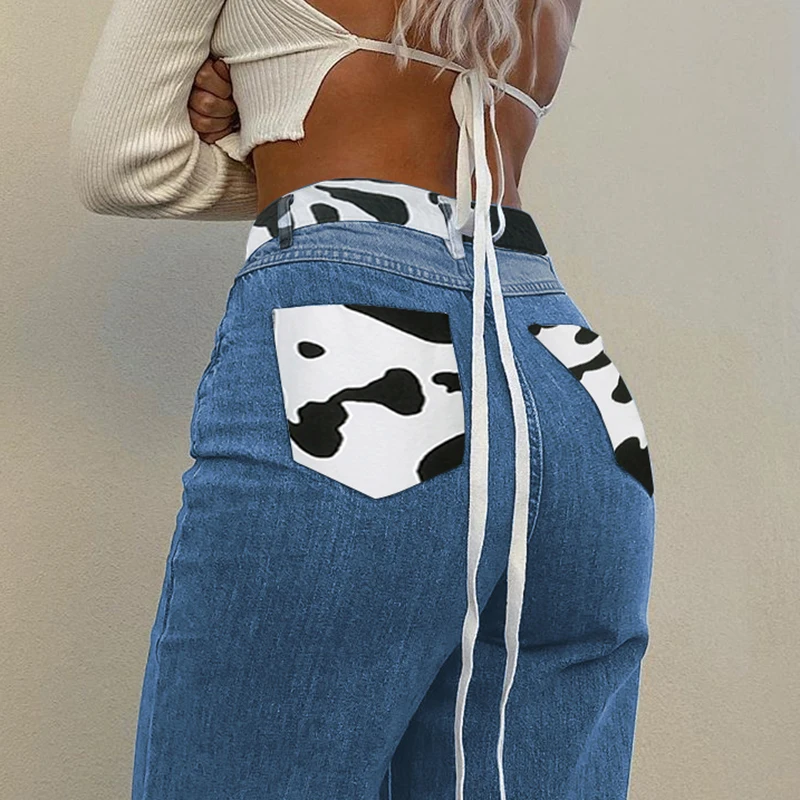 BiggOrange 2020 High Waist Streetwear Pants Grunge Style 90s Denim Jeans Cow Patchwork Fashion Women E-girl Trendy Trousers
